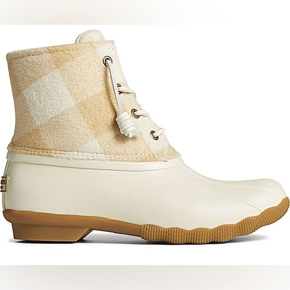 Sperry women’s saltwater Buffalo check duck boot Buffalo plaid wool shaft ivory - Picture 1 of 11